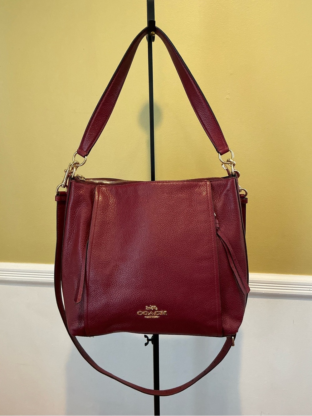 💙 Coach Marlon Pebbled Leather Wine Red Burgundy Bag / Purse